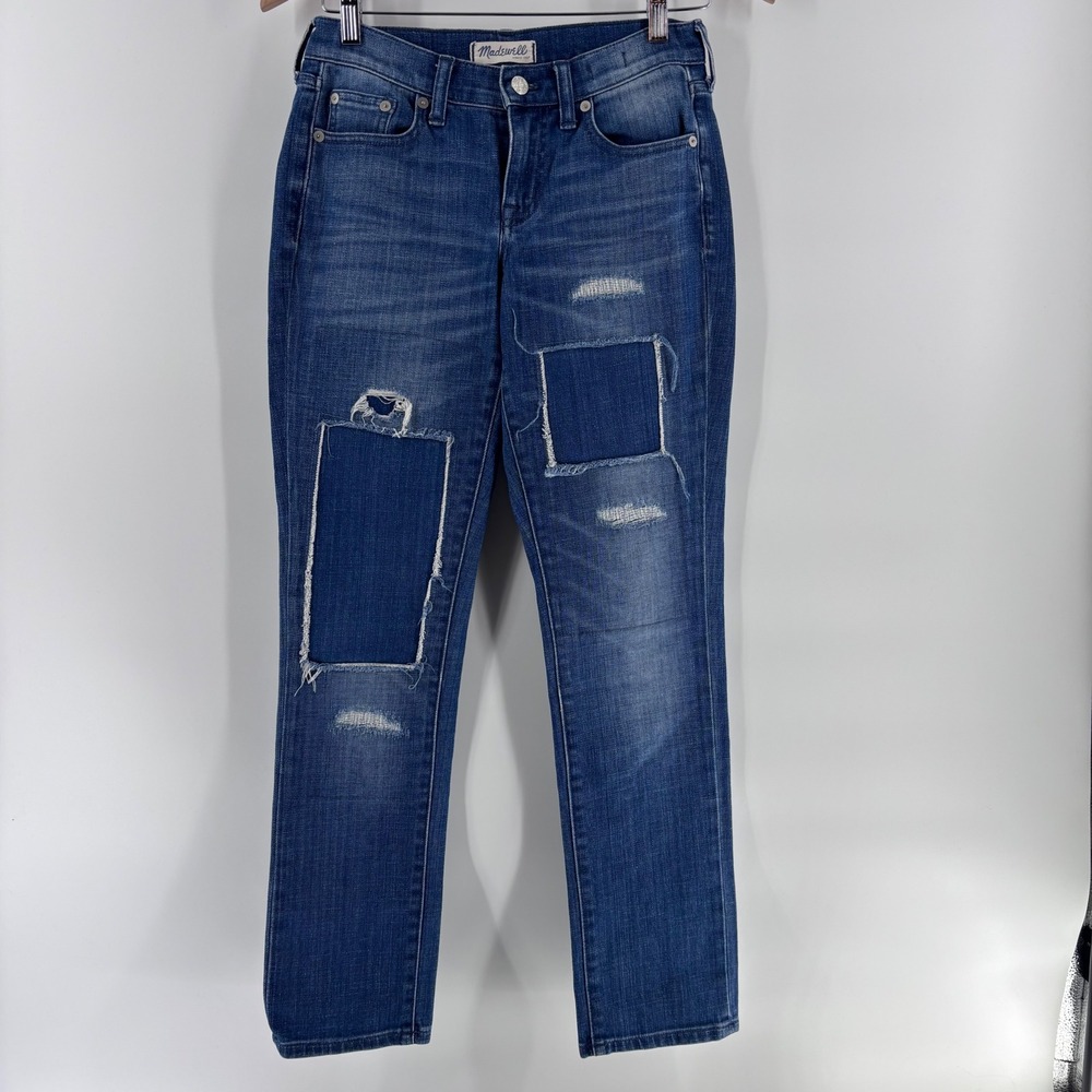 Madewell Slim Boyjean Womens 27 Blue Patchwork Distressed Denim Mid Rise Jeans